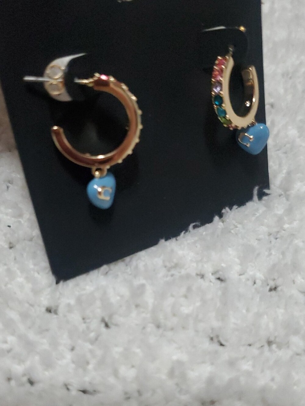 Coach Gold Hoop Earrings with Blue Heart Dangles and Multicolor Crystals - Picture 3 of 8